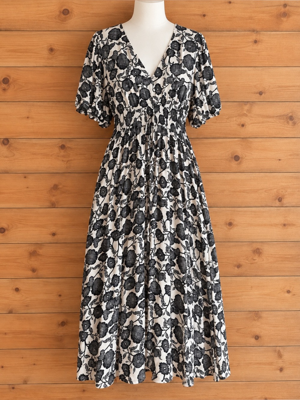 Monoprix Black & White Floral Maxi Dress with Elastic Waist sizes 42 M/L